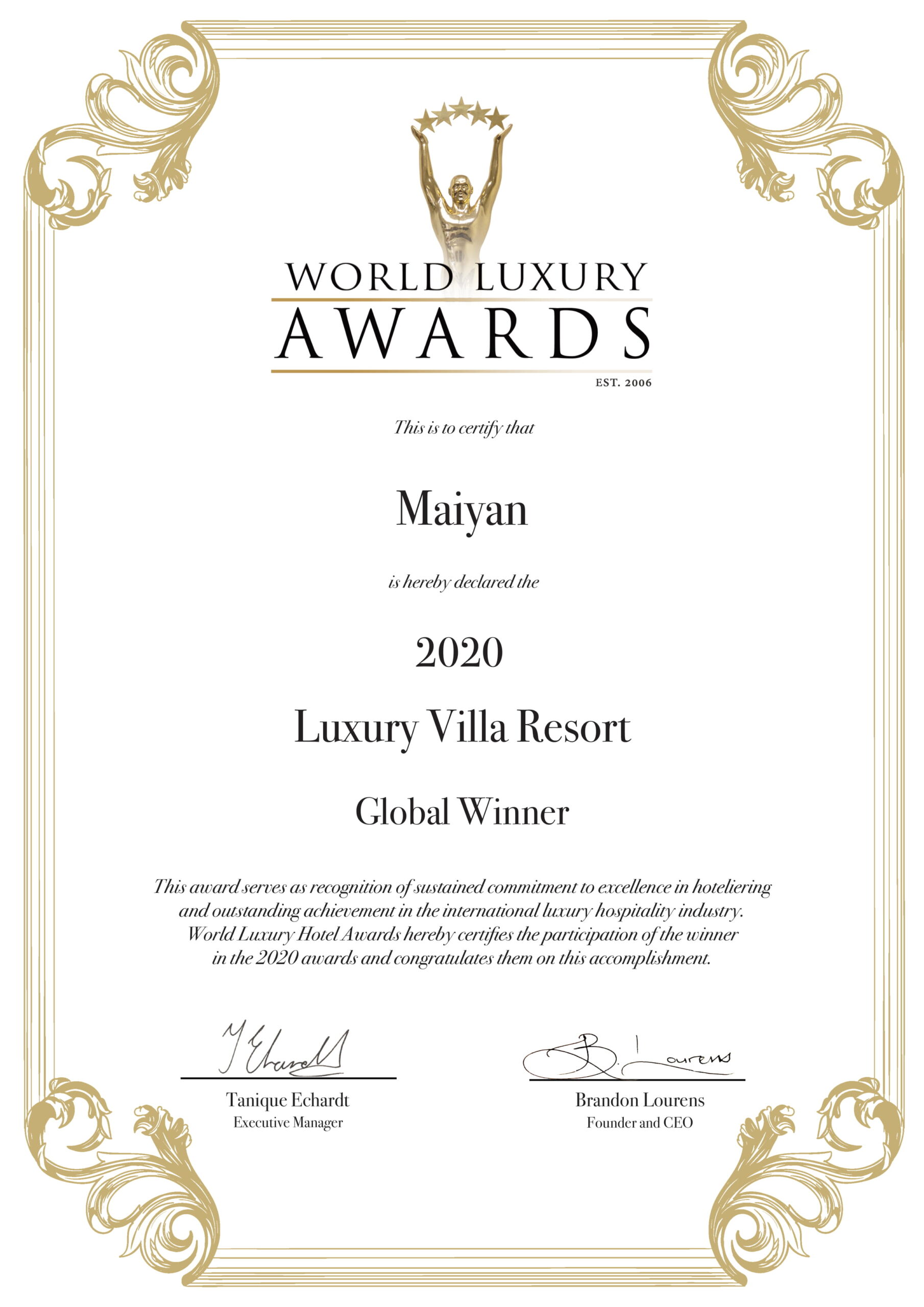 2020 Luxury Villa Resort - Global Winner -World Luxury Hotel Awards